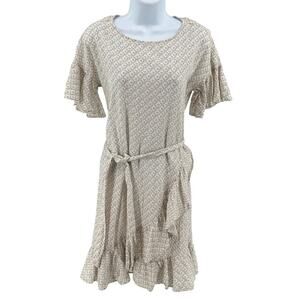 H&M Dress WMNS 6 Beige Polka Dot Vector Dropped Shoulder Ruffles Belted Overlap